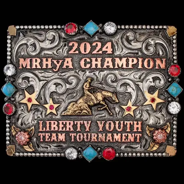 Yee-haw! The Miles City Custom buckle is a combination modern design elements such as it's rectangular shape with traditional western design such as the scrollwork. Personalize it now!